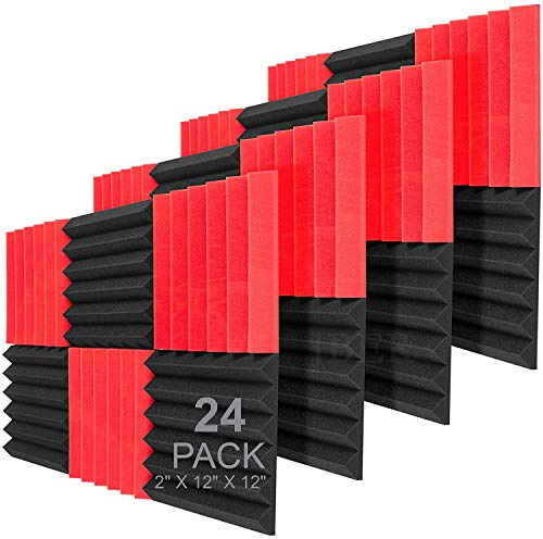 JBER 24 Pack Red and Charcoal Acoustic Panels Studio Foam Wedges Fireproof Soundproof Padding Black Wall Panels 5 X 30 X 30 cm(RedBlack)