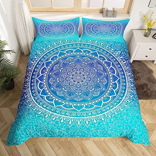 Loussiesd Mandala Comforter Cover King Size Ethnic Boho Exotic Duvet Cover 3 Piece Bed Cover Blue Comforter Cover Bohemian Flower Floral Bedroom Bedspreads Sets with 2 Pillow Shams Zipper Ties