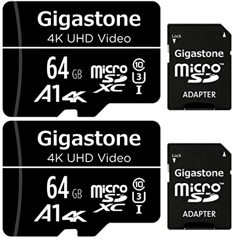 Gigastone Speicherkarte, 64 GB, 2 Stück, kompatibel mit Gopro Drohne Kamera Tablet Samsung Sony, Hohe Geschwindigkeit für 4K UHD Video, A1 U3 C10 Micro SDXC-Karte mit Mini-Tasche und SD-Adapter.