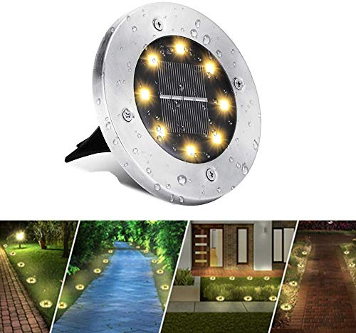 Luces de Tierra Solares, BrizLabs 8 LED Luces Solares Exterior Jardin Focos Solares Impermeable Luz de Suelo Lamparas Solares para Terraza Camino Césped Patio, Blanco Cálido 1 Pieza