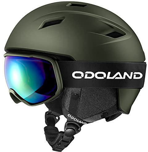 Odoland Skihelm und Skibrille Set Snowboardhelm mit Snowboardbrille für Erwachsene, Schneebrille UV 400 Schutz Windwiderstand Snowboard Brille zum Skifahren Bergsteigen Grün M