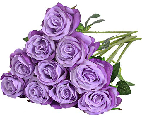 Nubry Artificial Silk Rose Flower Single Stem Lifelike Fake Rose for Wedding Bouquet Floral Arrangements Home Party Centerpiece Decoration, 10pcs (Gradient Light Purple)