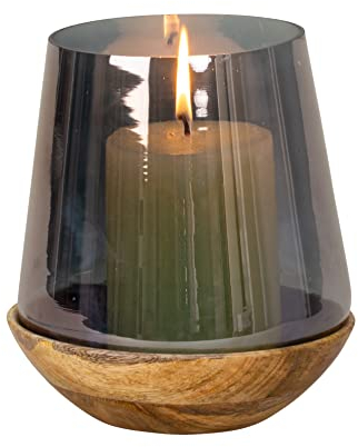 Photophore moderne en verre et bois noir/marron Hauteur 20 cm