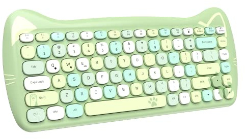 ZIYOU LANG 3060i Wireless Cute Computer Keyboard Lovely Cat Retro Silent Slim Bluetooth Keyboard with Typewriter Round Matte Texture Keycap Multi Device Connection for PC Laptop Mac-Colorful Green