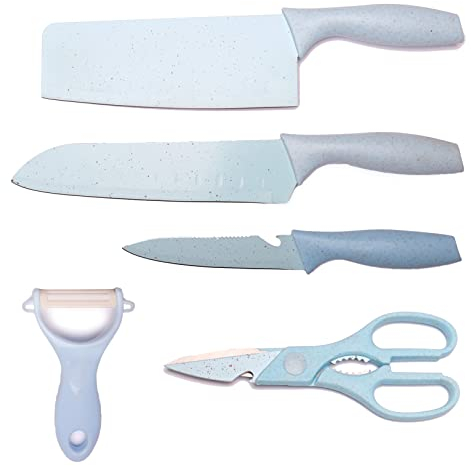 Cloober Lot de 5 couteaux de cuisine bleus éplucheur et ciseaux | 5 pièces en acier inoxydable durable avec manche ergonomique boucher, chef, multi-usages et éplucheur céramique (bleu)