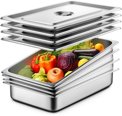 ZeroPone 4 Pack Hotel Pans with Lids, 1/1 Size 4 Deep Steam Table Pans, Full Size Stainless Steel Food Pan 22 Gauge Anti Jam 20.8 L x 12.8 W Commercial Food Storage Containers