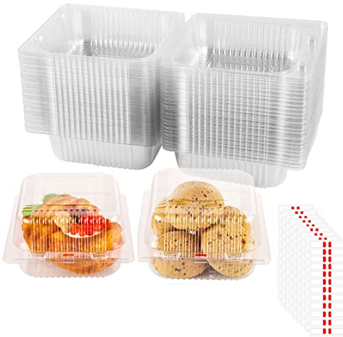 SUNNOW 100 Pcs Cake Slice Boxes, 5.3 Inch Clear Cake Boxes with Sealing Stickers Square Individual Cupcake, Cake Boxes for Cake Portions, Muffins, Salad, Cheese