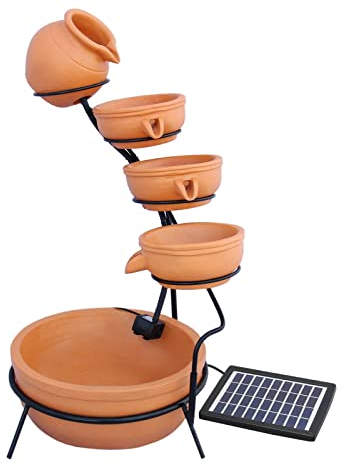 Fontaine Solaire en Cascade de jardin extérieure Terracotta - 4 Niveaux - Décoration Extérieure Jardin Terrasse Abreuvoir - Batterie de 6H Sans Soleil [Piquet de Terre avec Panneau Solaire INCLUS]