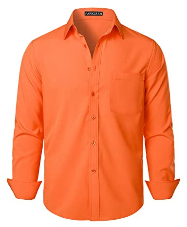 PARKLEES Men's Regular Fit Dress Shirt Solid Wrinkle-Free Long Sleeve Casual Business Button Up Shirts with Pocket PZSSCL05-Orange M
