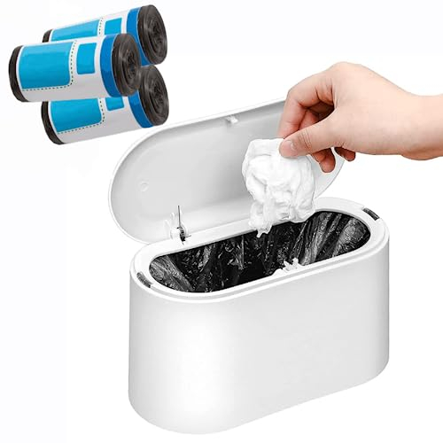 MEETOZ Mini Trash Can with Lid, Small Trash Can, Desk Trash can, Countertop Mini Garbage Cans, Tiny Waste Basket, Free 3 Rolls of Trash Bags (White With Lid)