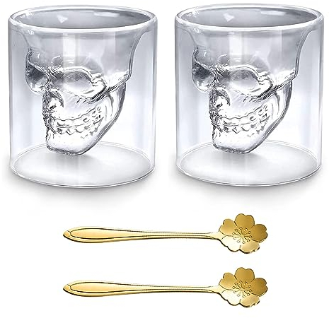 Xiuyer Skull Vasos de Chupito, Víspera de Todos los Santos Vasos de Chupito Vasos Sidra Vasos de Doble Capa Calavera Cristal Vaso Tazas Copas de Vino Vasos de Cristal Agua Tazas Whisky Té Cafe 250ml