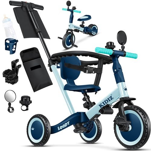 KIDIZ® 6in1 Laufrad Dreirad | Laufräder Lauffahrrad Kinderdreirad ab 1 Jahr bis 5 Jahre | Lauflernhilfe belastbar bis 25Kg | inkl. Lenkstange Sicherheitsbügel Sicherheitsgurt Klingel & Spiegel Blau