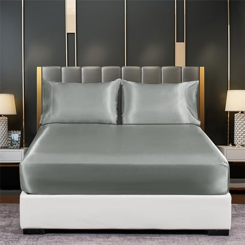 Tospass Satin Spannbettlaken 140x200 cm Boxspringbett Topper Dunkelgrau Luxus Seide Glanzsatin Spannbetttuch Glatt Leintuch Weiche Microfaser Bettlaken für Matratze bis 15-30 cm Hohe