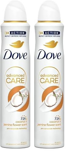 Dove Advanced Care Coconut & Jasmine Flower Scent Anti-perspirant Deodorant Spray with plant based moisturiser aerosol for 72 hour protection 200 ml (Pack of 2)