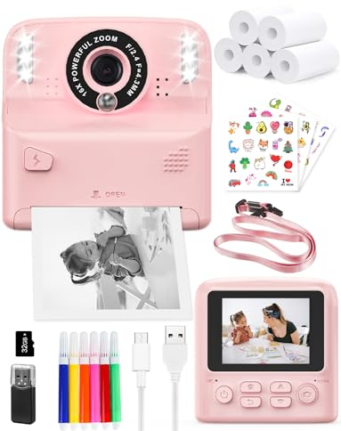 PHNIXGAM Sofortbildkamera Kinder mit 2-Blitzleuchten, Digitalkamera kinderkamera fotoapparat 2.4in HD Kamera Geschenke für Jungen Mädchen, einschließlich 5 Rollen Druckpapier und 32GB Karte, Rosa