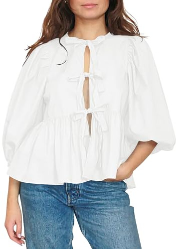 Cioatin Femme Blouse avec nœud papillon sur le devant, mignonne Manches bouffantes Y2K Péplum Ourlet à volants Robe Babydoll en dentelle, blanche, taille S