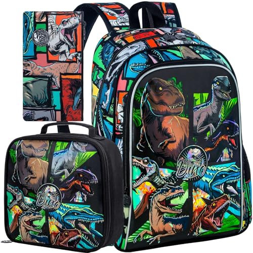 3PCS Dinosaur Backpack for Boys, 16’‘ Kids Preschool Bookbags with Lunch Box, Cool Water Resistant School Backpacks Set for Elementary Kindergarten Toddler