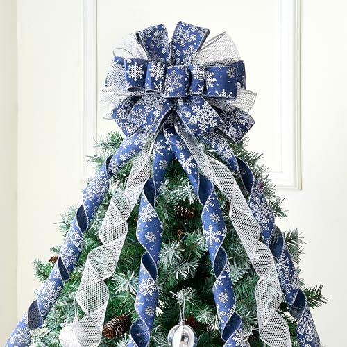 JOIEDOMI Fiocco per albero di Natale da 114 cm, nastro blu e argento con fiocchi di neve e glitter, grande decorazione regalo per Natale, vacanze, decorazione a tema, casa, feste, matrimoni