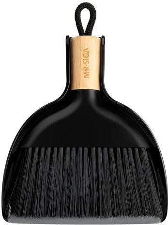 MR.SIGA Mini Kehrschaufel und Bürste Set, Tragbare Reiniqungsbürste und Kehrschaufel Combo mit Bambusgriff, Schwarz, 1 Set