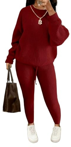 LUXE DIVA Womens Chunky Knitted Crew Neck Top Bottom Lounge Wear Tracksuit Set 2 Piece Ribbed Knitted Tracksuit Women Line Style Winter Loungewear