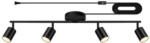 Plug in Track Lighting LED, Track Lighting Fixtures Ceiling, Black 4-Light Kitchen Light Kit, Plug in Wall Light with 14.8ft Power Cord, Rotatable Ceiling Spotlight for Bedroom(GU10 Socket, NO Bulb)