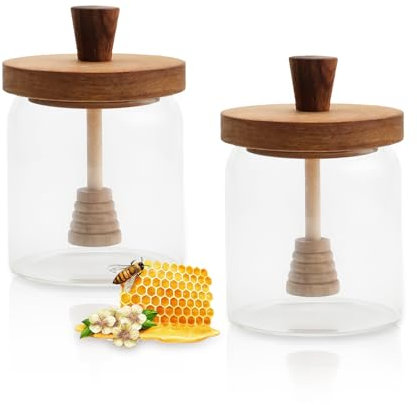 PHMING 2 Piezas Dispensador de Miel, Gran Capacidad Frascos de Vidrio con Tapa, Tarro para Miel, para Guardar Mermelada Jarabes