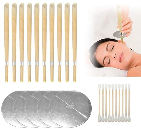 10 Pcs Natural Beeswax Ear Candles, Ear Wax Removal Kit with 5 Drip Protector Disks and 10 Cotton Swabs, Safe Candling Cones for Blocked Ears, Relaxation, and Gentle Cleaning