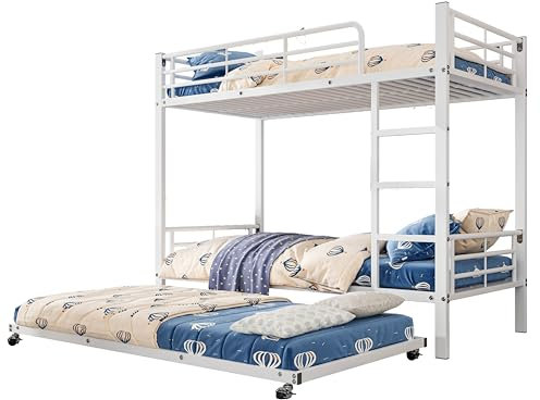 Azkoeesy Litera con cama nido para 3 adultos, 90 x 200 cm, cama de metal, cama de invitados, con protección contra caídas y rejilla, color blanco