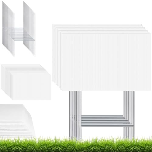20 cartelli per prato bianco con aste ad H, 41 x 30 cm, in plastica ondulata, colore bianco, per noleggio, vendita di garage, giardino, indicazioni stradali, decorazioni per feste