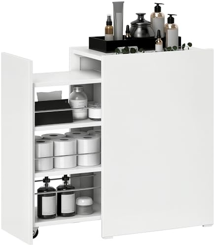 HOMCOM Armario de Baño Estrecho con Ruedas y Cajón Deslizante Mueble Auxiliar con 3 Compartimentos Mueble de Baño para Espacios Pequeños 47x30x66,5 cm Blanco
