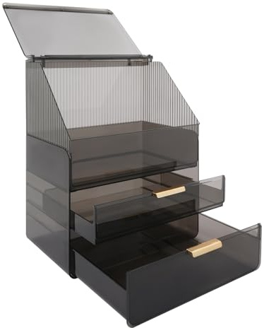 QIERF Organizador de maquillaje con 2 cajones, organizador de cosméticos, cuidado de la piel, almacenamiento de cosméticos con tapa, 3 niveles, gran capacidad, resistente al polvo, para tocador
