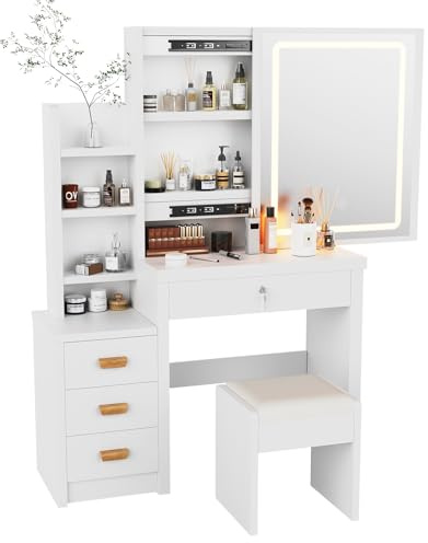 Oyajia Dressing Table with Mirror and Stool, Vanity Table with LED Lights and Adjustable Brightness, Vanity Desk with Mirror, Makeup Desk with 4 Drawers and 3 Storage Shelves for Girls Bedroom, White