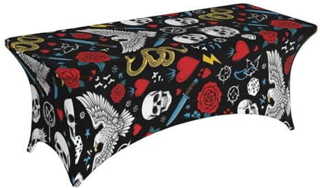PPIKTC Stretchable 6FT Table Cover Spandex, Cool Rock Wild Eagle Red Rose Skull Floral Tablecloths, Elastic Tablecloth for Patio Dining, Wedding Banquets & Conference Centers