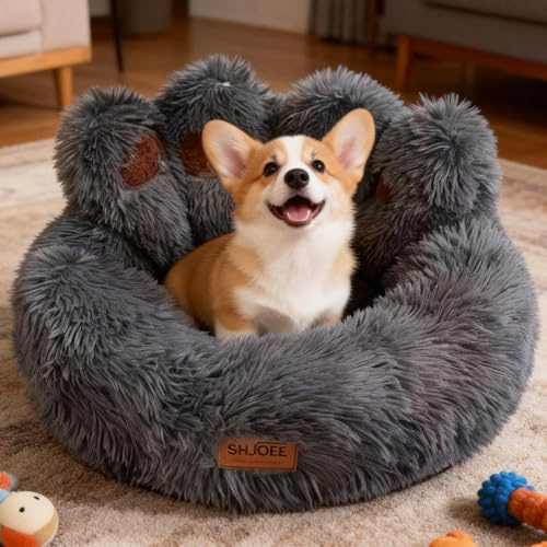 Mörkgrå 50 cm fluffig hundsäng kattsäng tvättbar hundkudde kattkudde mjuk söt björntassform hundsoffa, hundkorg, lång plysch, husdjurssäng för kattungar, liten och medelstor hund