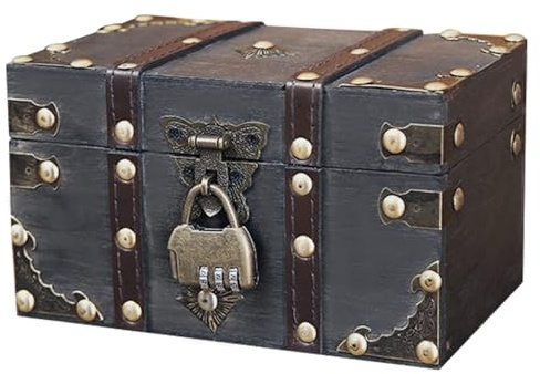 Veebmys Cofre del Tesoro de Madera Vintage con Cerradura, 18 x 11 x 10 cm, Cofre Pirata para Niños, Caja de Almacenamiento y Decoración Cumpleaños, para Juguetes, Joyas