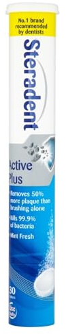 Steradent Active Plus Denture Cleaning Tablets, Mint Fresh, 30 Count - Plaque Remover, Dental Hygiene Cleanser, Cleans In 3 Minutes, Kills 99.9% Bacteria, Care Solution