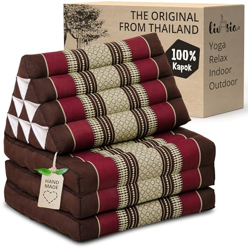 livasia Coussin thaï à 3 Blocs - 175x50x8cm - Coussin Triangulaire avec Matelas Pliable, Coussin en biseau kapok, Coussin de Soutien Dorsal Pliables, Tapis thaï Pliable, Fait Main (Bordeaux)