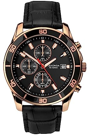 Sekonda Midnight Mens Watch – 44mm Chronograph Watch for Men with Black Dial, Date Display and Leather Strap – 50m Water Resistant – 2 Year Warranty
