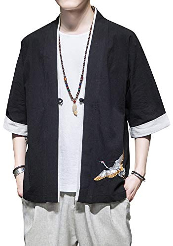 PRIJOUHE Cardigan Kimono de Style Japonais pour Homme Veste en Mélange Coton Lin Sept Manches Couleur Unie Manteau Ouvert Devant, Noir 6, XX-Large
