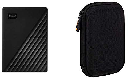 WD My Passport Disco Duro portátil de 2 TB con Software de Copia de Seguridad automática y protección con contraseña - Negra + Amazon Basics - Funda de Disco Duro, Color Negro y Naranja