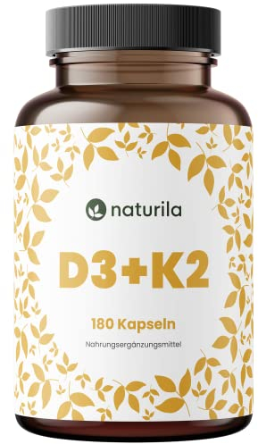 Naturila Vitamin D3 + K2 Kapseln – 5000 IE D3 / 100 µg K2 MK7 99,99% Trans-Form - hochdosiert, laborgeprüft - 180 Kapseln