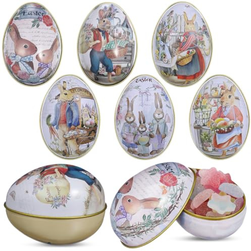 jojofuny 6pcs Easter Rabbit Tin Box Creative Egg Shaped Candy Case Metal Jewelry Coin Storage Holder Tinplate for Egg Hunt Game Spring Easter Basket Stuffer 6.5x4.5x5cm