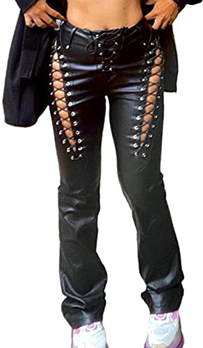 xxxiticat Women's Lace Up PU Leather Pants Chic High Waist Hollow Out Drawstring Bandage Cut Out Faux Leather Trousers(BL,M) Black