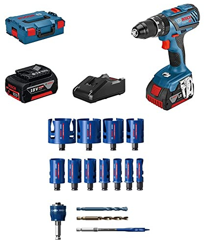 Bosch Professional Akku Schlagbohrschrauber GSB 18V-28 + 15 tlg. Expert Construction Material Lochsäge Set (für Weichholz, Ø 20-76 mm, Zubehör Bohrmaschine)