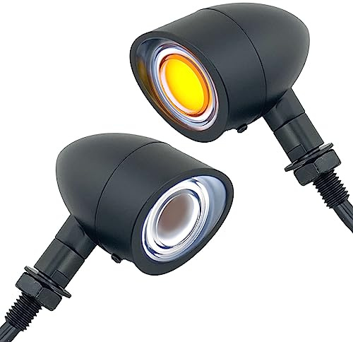 FATECIM 2X Motorcycle LED Front Turn Signals Running Driving Light Visor Heavy Duty Motorbike White Amber Light Blinker Indicator for Bobber Harley Honda Yamaha Suzuki Kawasaki Cruiser Chopper Black