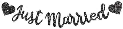 BEISHIDA Black Just Married Banner - NO DIY, Glitter Wedding Party Banner,Just Married Signs, Bachelorette/Bridal Garland,Engagement Party Decor Supplies, Wedding Reception Party Decorations.