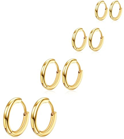 Stainless Steel Hoop Earrings Set, 4 Pairs Gold Hoop Earrings - Huggie for Women Men 6/8/10/12mm