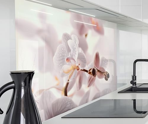 timalo Spritzschutz Wand für Herd, Küche Küchenrückwand Glasoptik | Acryl Glas 2mm | Glasrückwand Acrylglas Wandpaneele Rückwandschutz Platte | 120x80cm Orchideen