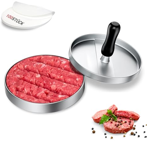 JUANSHI® Presse à hamburger avec 100 papiers sulfurisés, presse à hamburger anti-adhésif, 12 cm, accessoire de barbecue, pour viande, bœuf, fromage, légumes, hamburgers (argenté)