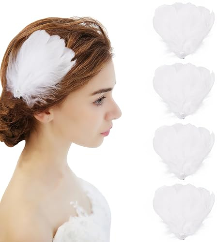 MWOOT 4 Piezas Clips para el Cabello Plumas Blancas, Adorno Cabeza Cisne Blanco Ballet Accesorios Pelo Mujeres Niñas, Pieza Pelo Perla Blanca Carnaval Disfraz, Novia Boda Fiesta Cosplay